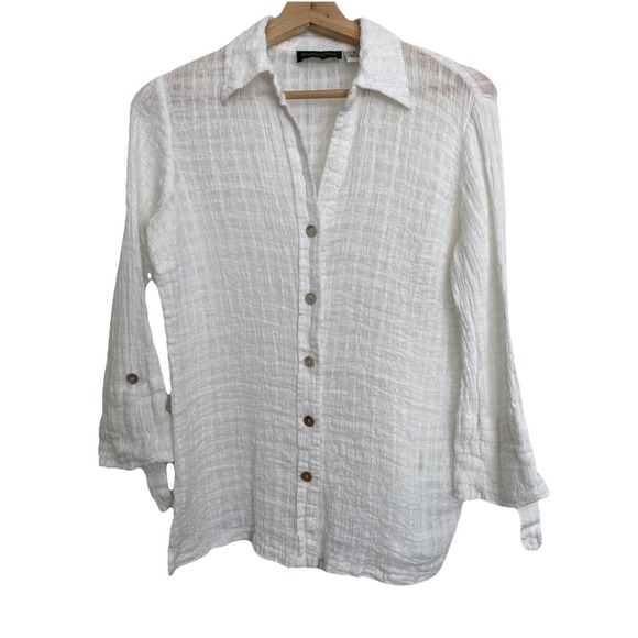 Harve Benard by Benard Holtzman Tops - Harve Benard Women's S White 100% Gauzy Linen Roll Tab Sleeve Button Up Shirt